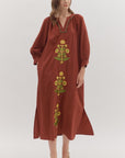 Sunflower Fields Embroidered Maxi Dress-Chestnut
