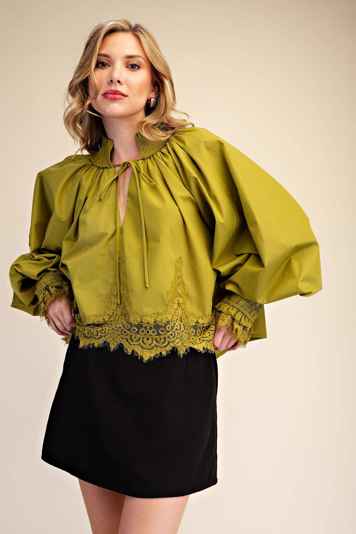 Rosamund Puff Sleeve Top-Olive