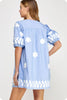 Sweet Flowers Embroidered Mini Dress-Chambray/White