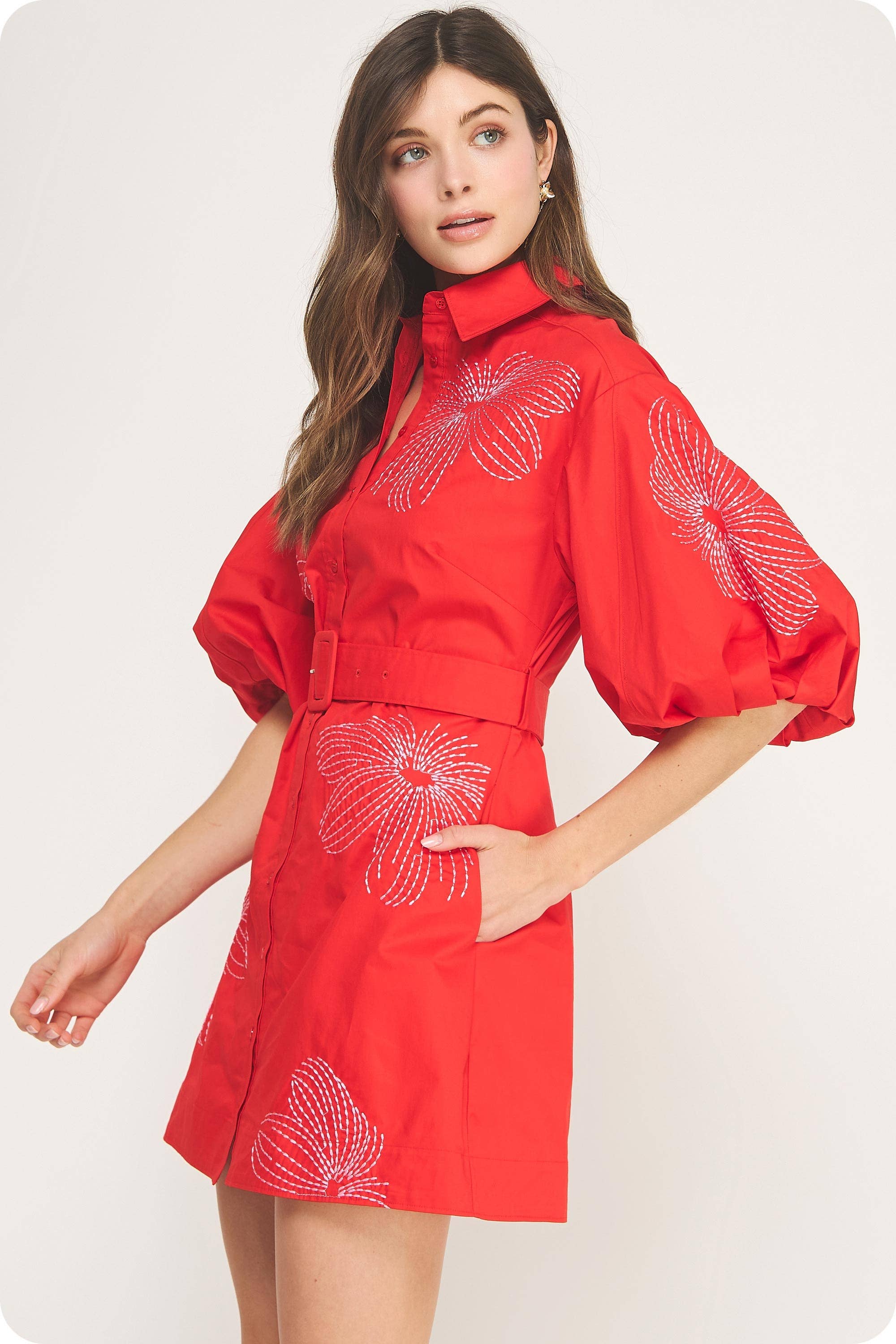 Sweet Flora Puff Sleeve Dress-Red
