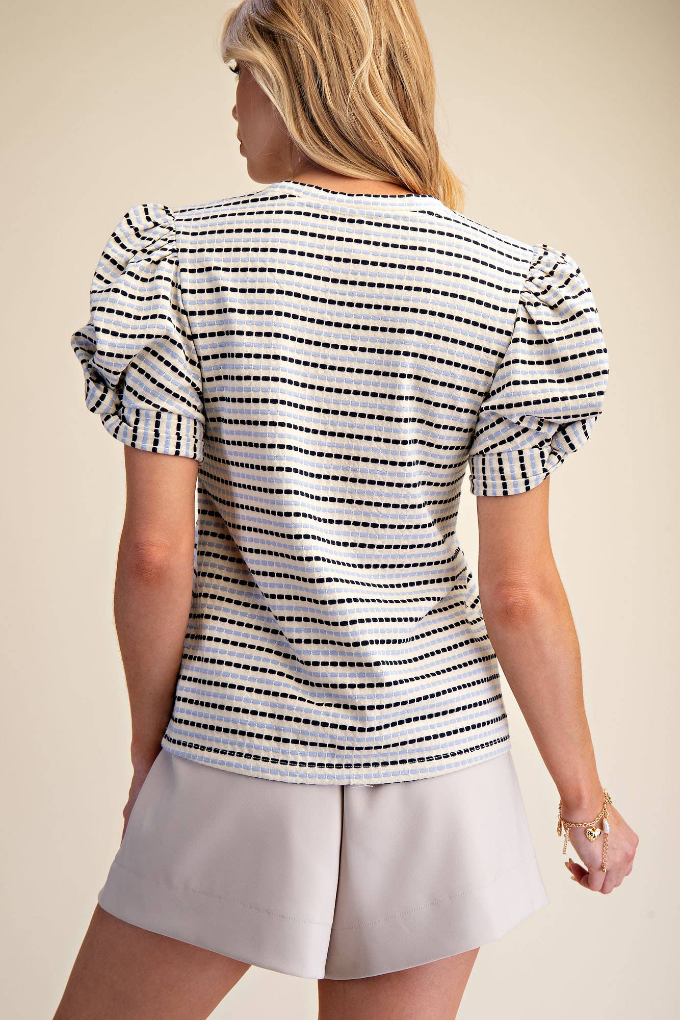 Sunny Stripe Puff Sleeve Top-Blue