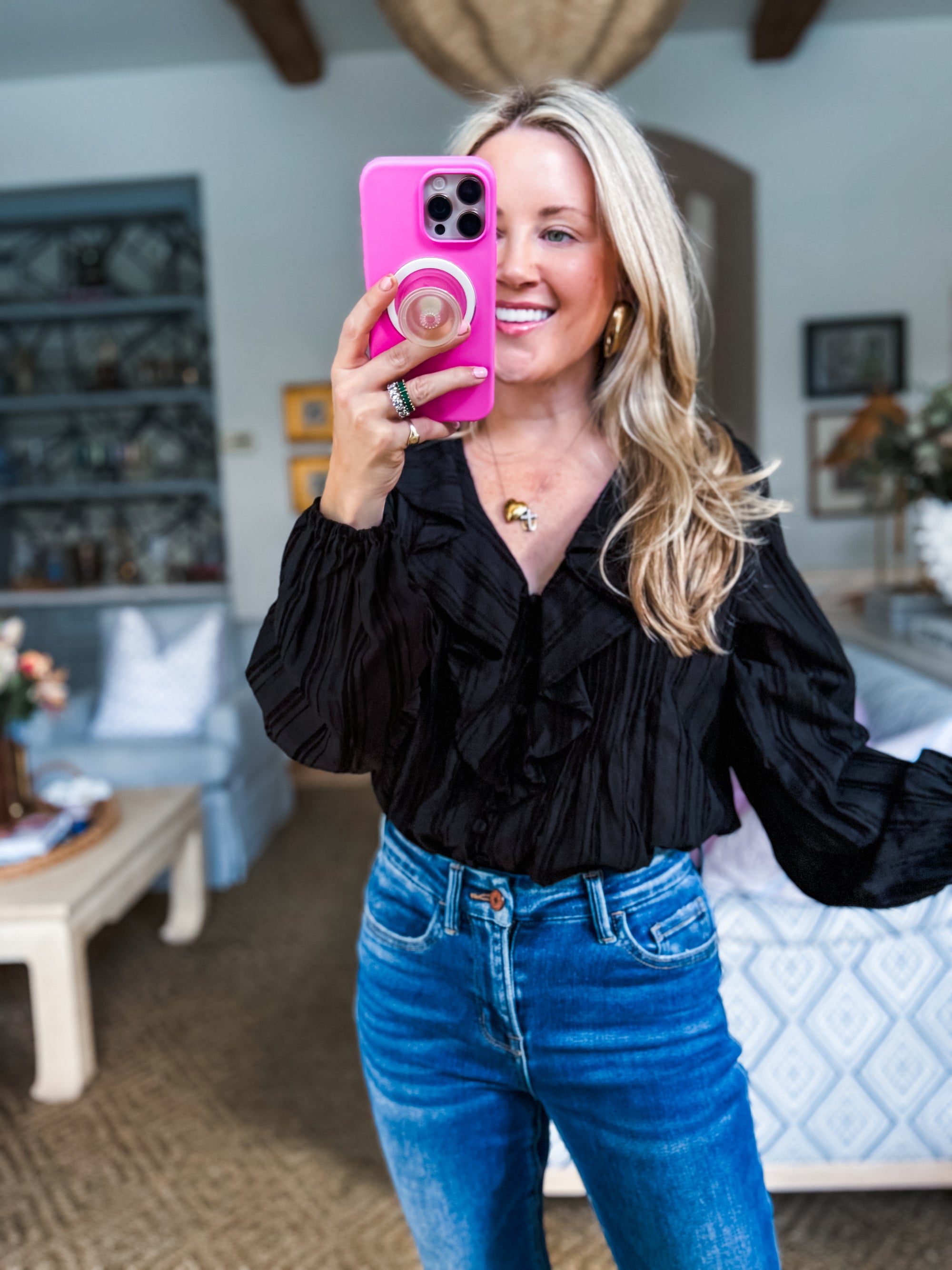 Feeling Light Ruffle Trim Top-Black