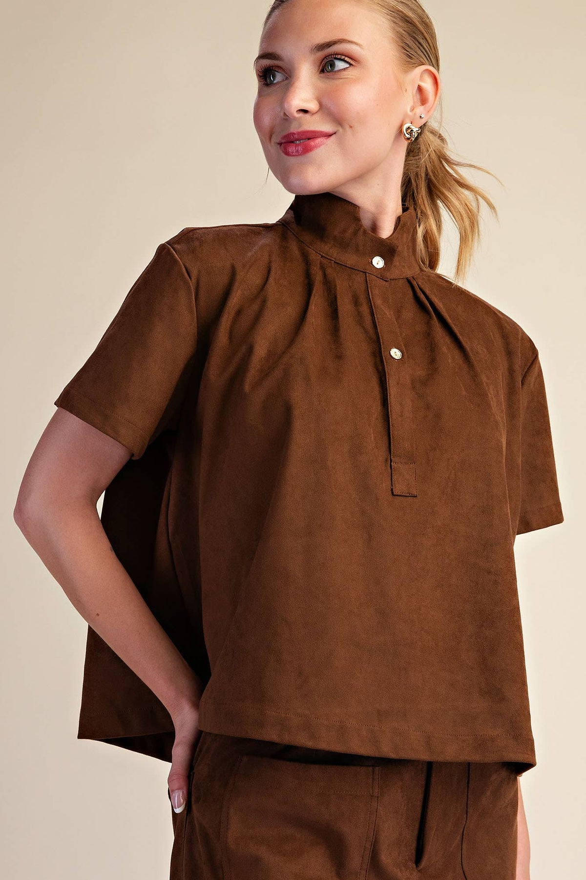 Lucille Stand Collar Top-Brown