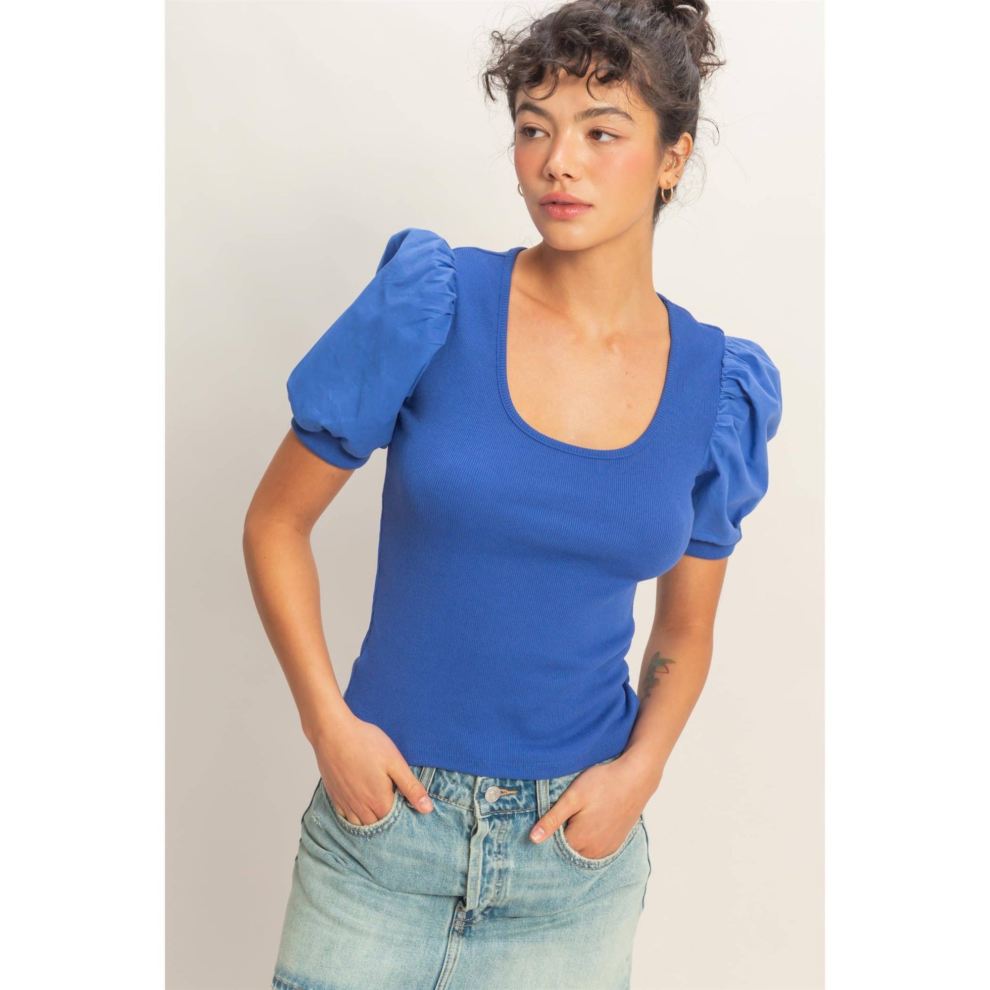 Perfect Fit Puff Sleeve Top-Cobalt