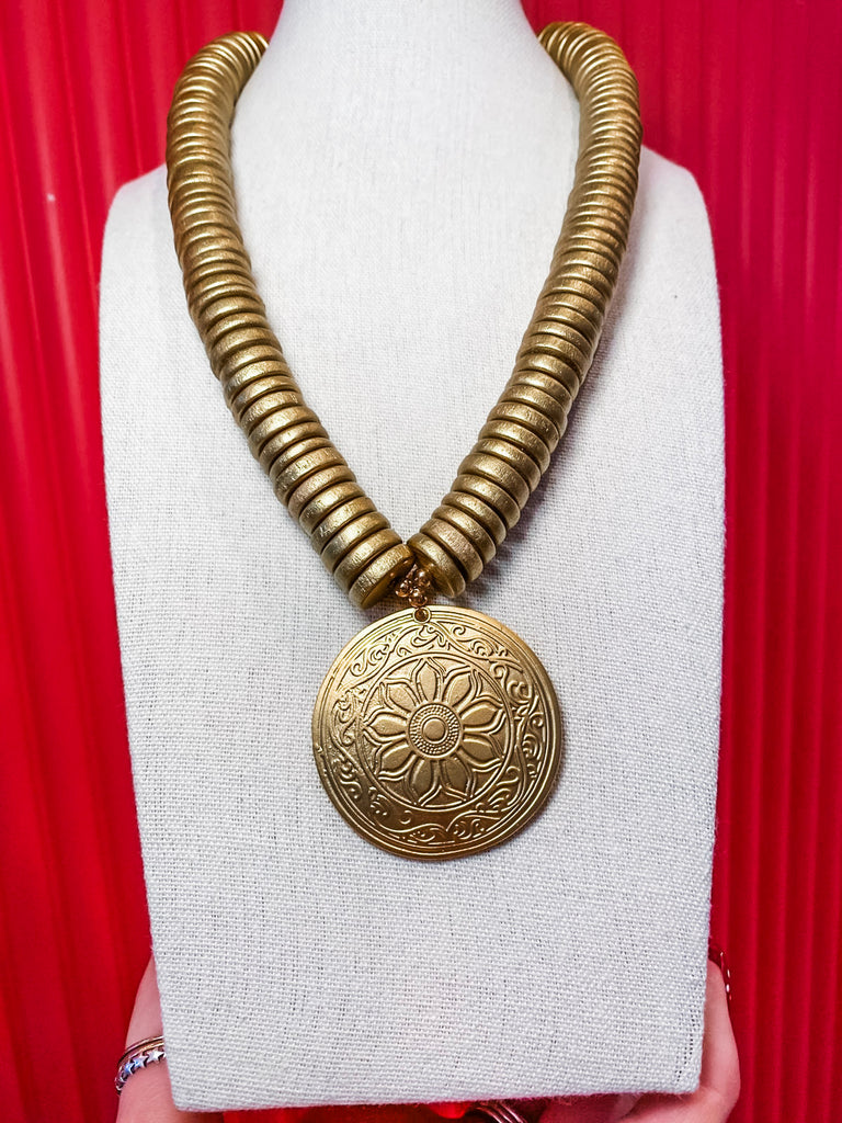 Floral Medallion Beaded Necklace-Gold