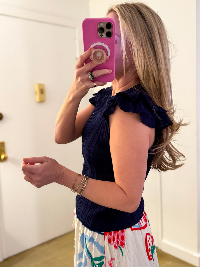 Paris Charm Ruffled Knit Top-Navy