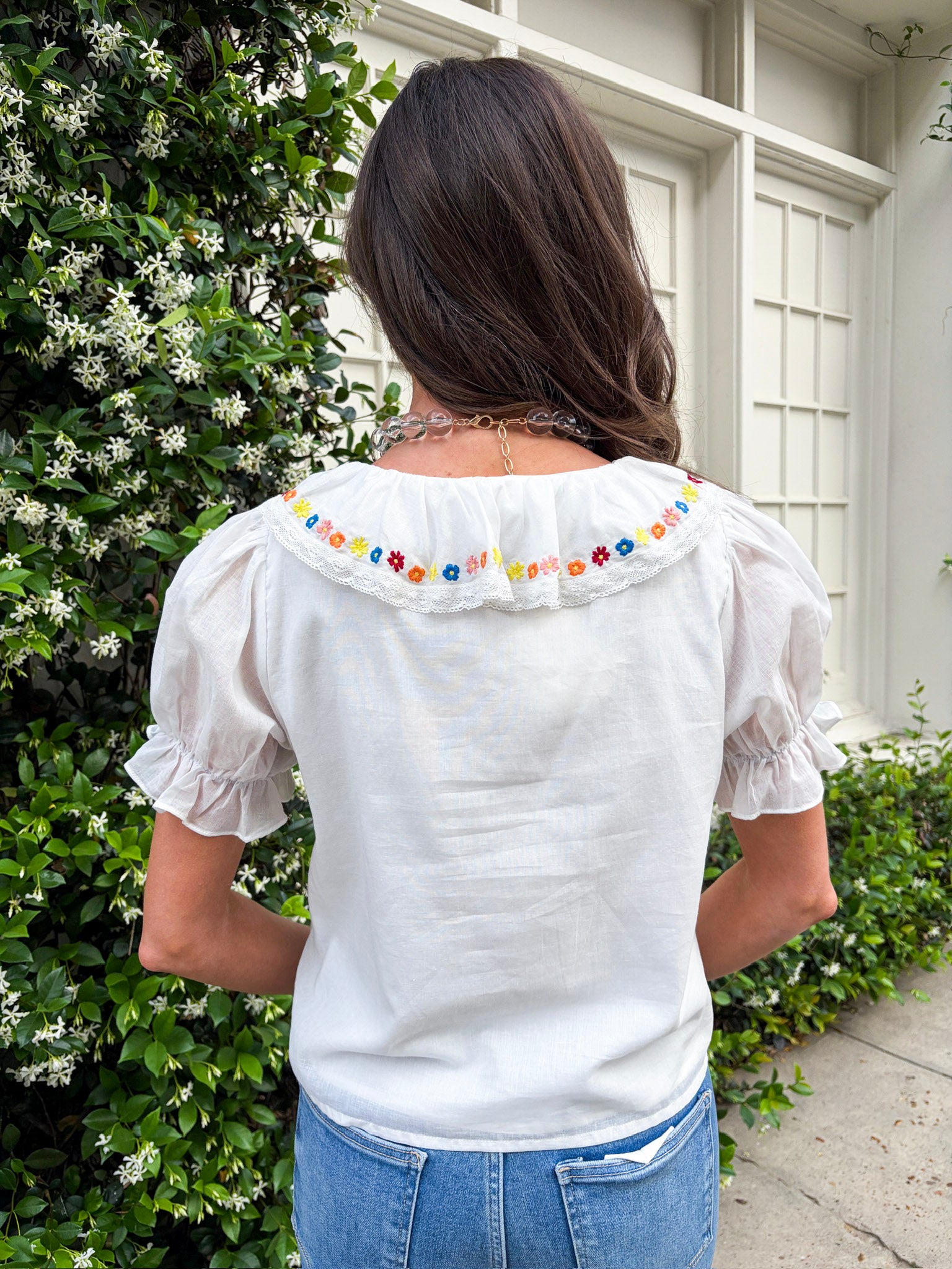 Steps Beach Embroidered Ruffle Top