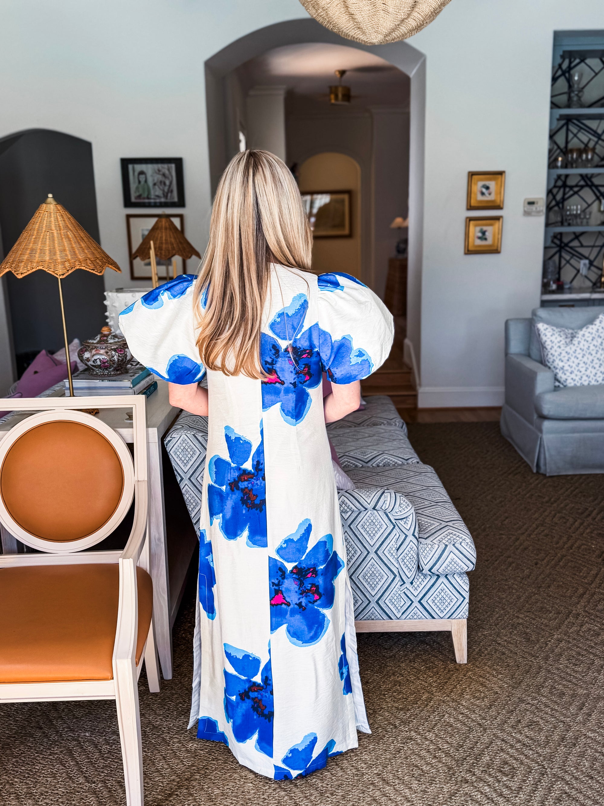 Camellia Puff-Sleeve Maxi Dress-Royal