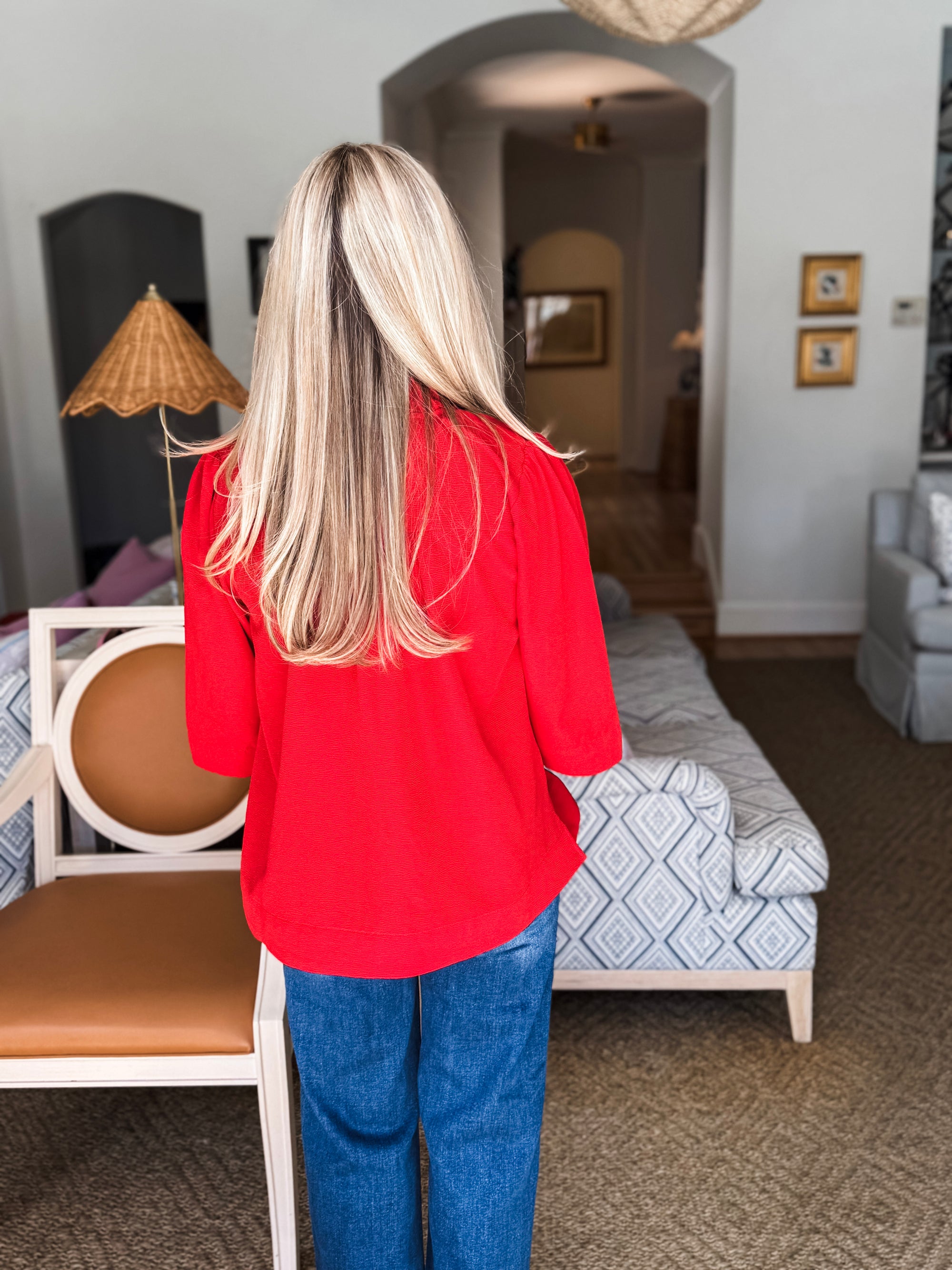 Eloise Ruffle Collar Top-Red
