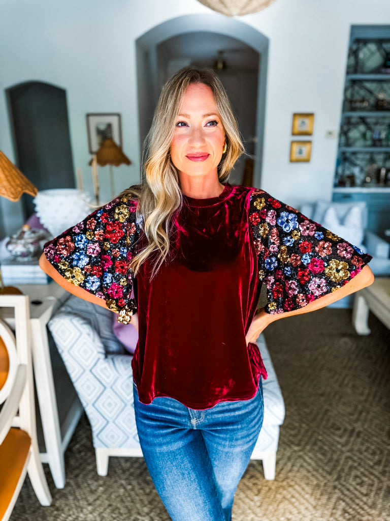 Sequin Touch Velvet Top- Wine