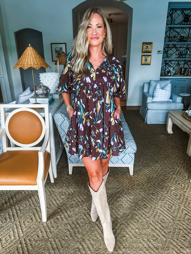 Floral Breeze Tunic Dress- Espresso