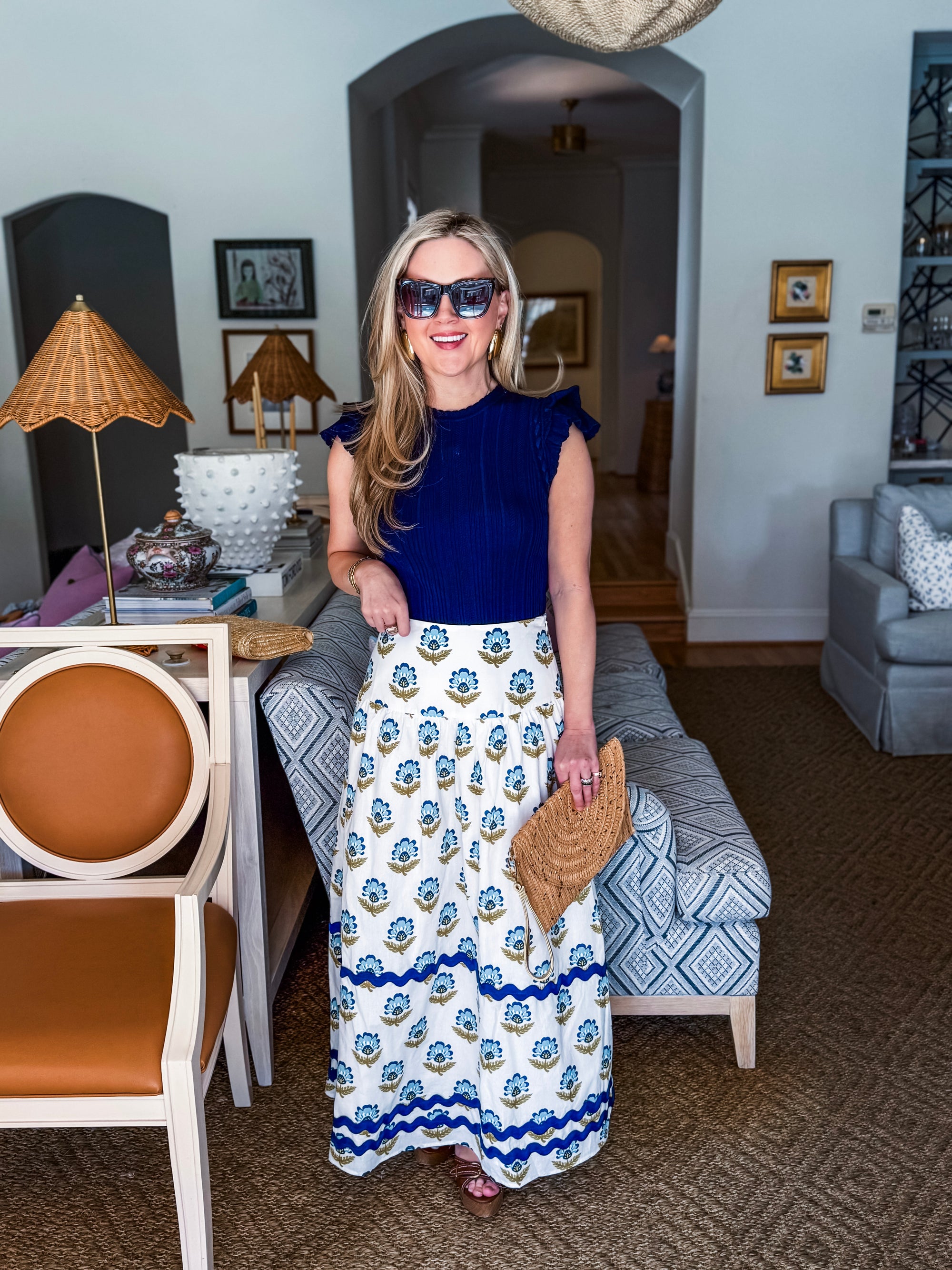 Paris Charm Ruffled Knit Top-Navy