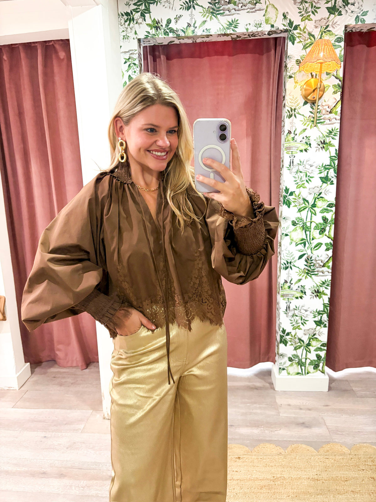 Rosamund Puff Sleeve Top-Brown