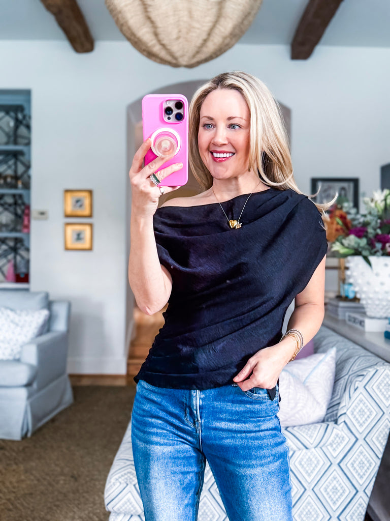 With Ease Draped Neckline Top-Black