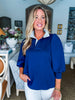 Stripes And Smiles Collared Top- Navy