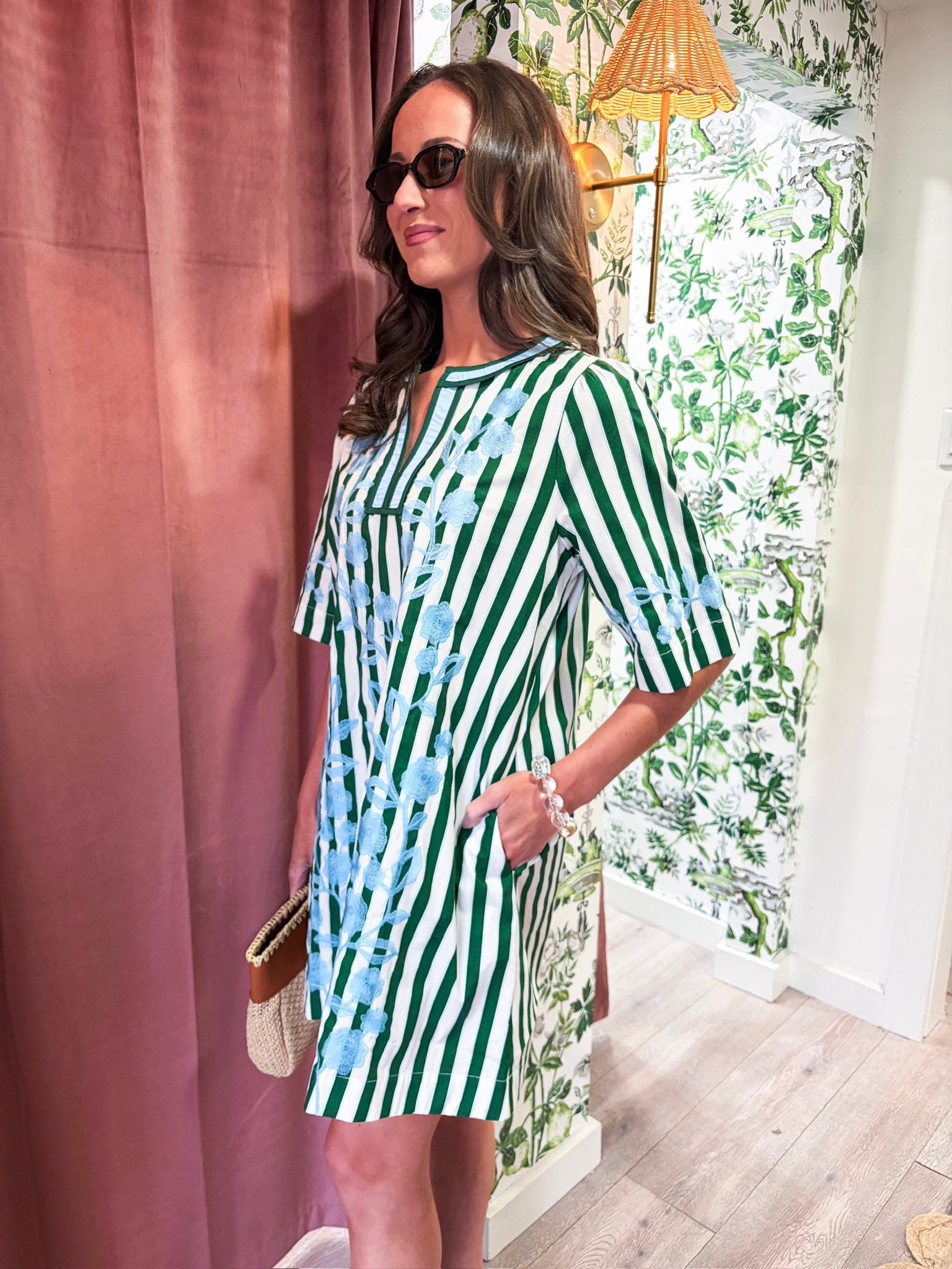 PREORDER: Riviera Maya Embroidered Shift Dress-Green