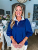 Stripes And Smiles Collared Top- Navy