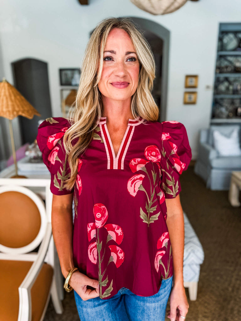 Tour The Town Floral Top-Wine