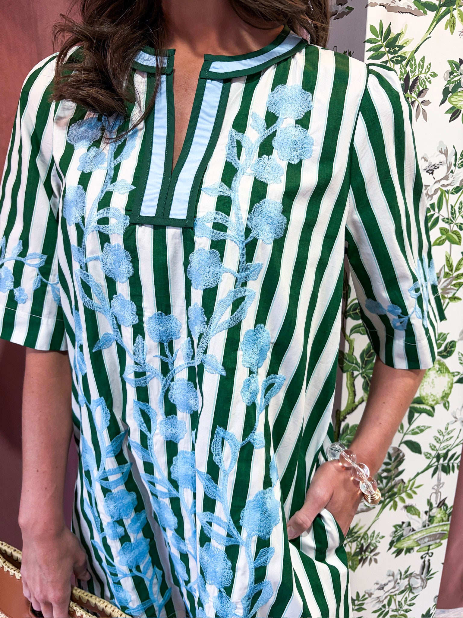 PREORDER: Riviera Maya Embroidered Shift Dress-Green