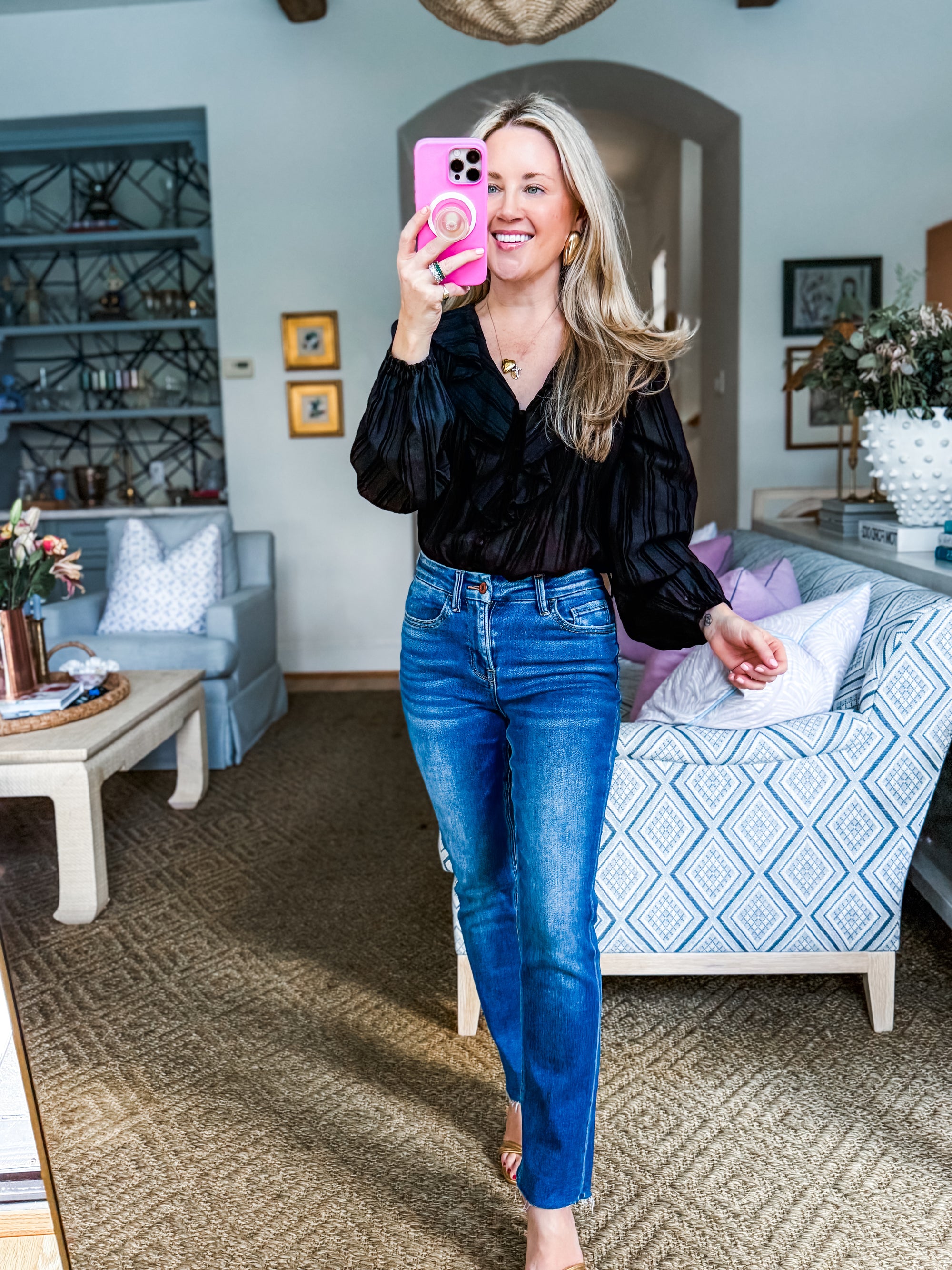 Feeling Light Ruffle Trim Top-Black