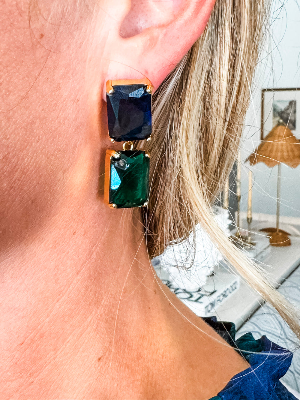 Princess Double Jeweled Earrings- Emerald Green