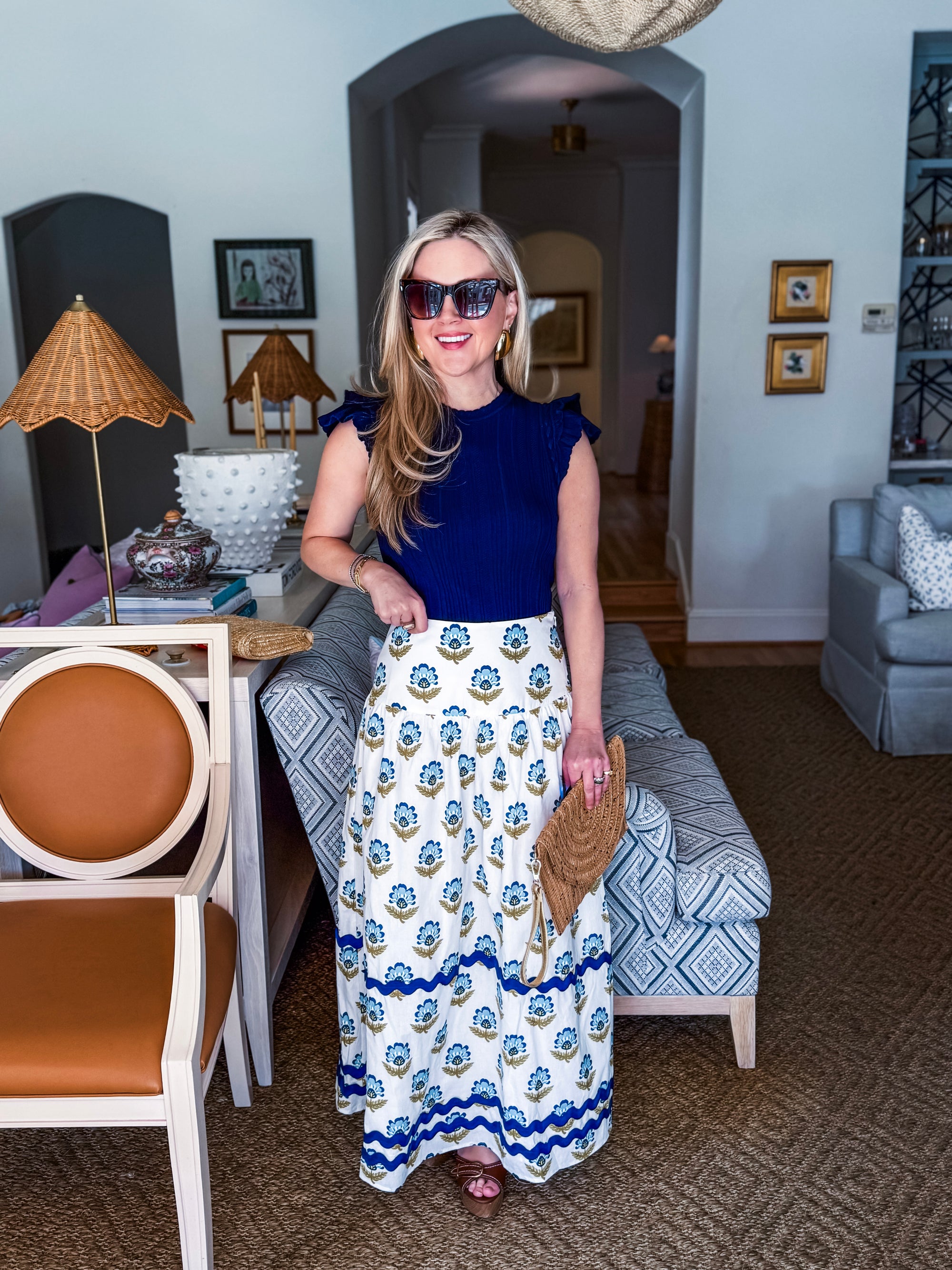 Paris Charm Ruffled Knit Top-Navy