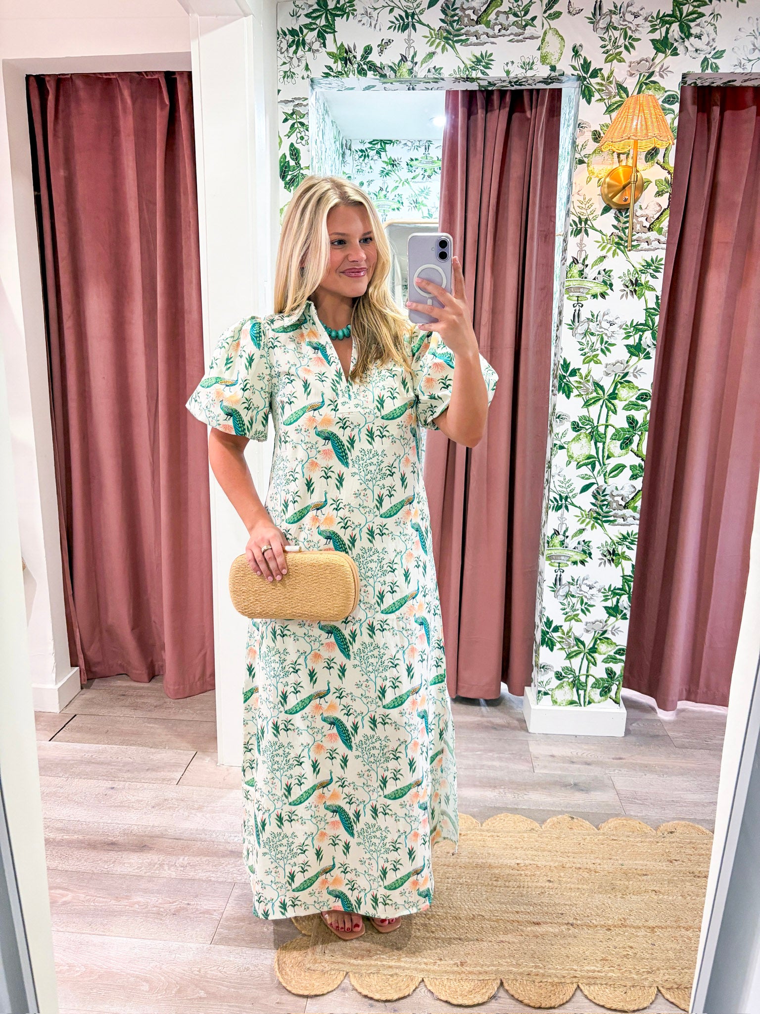 Peacock Puff Sleeve Midi Dress