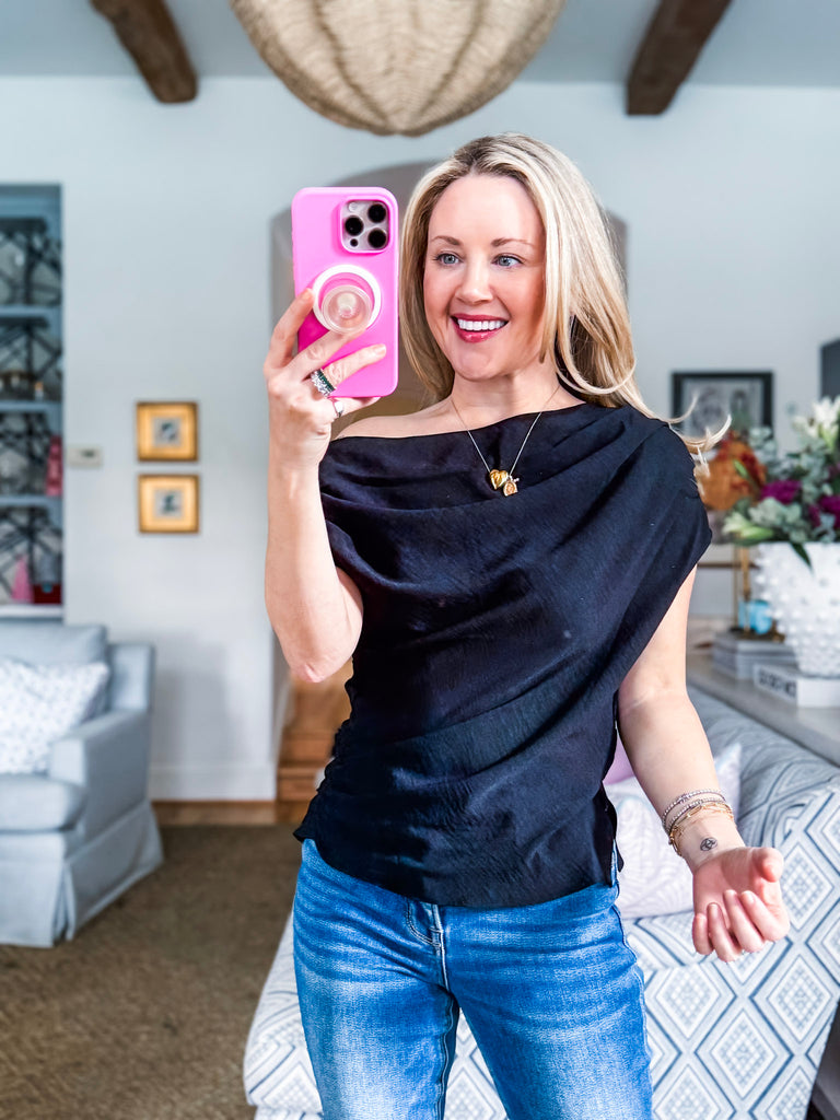 With Ease Draped Neckline Top-Black