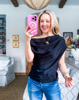 With Ease Draped Neckline Top-Black