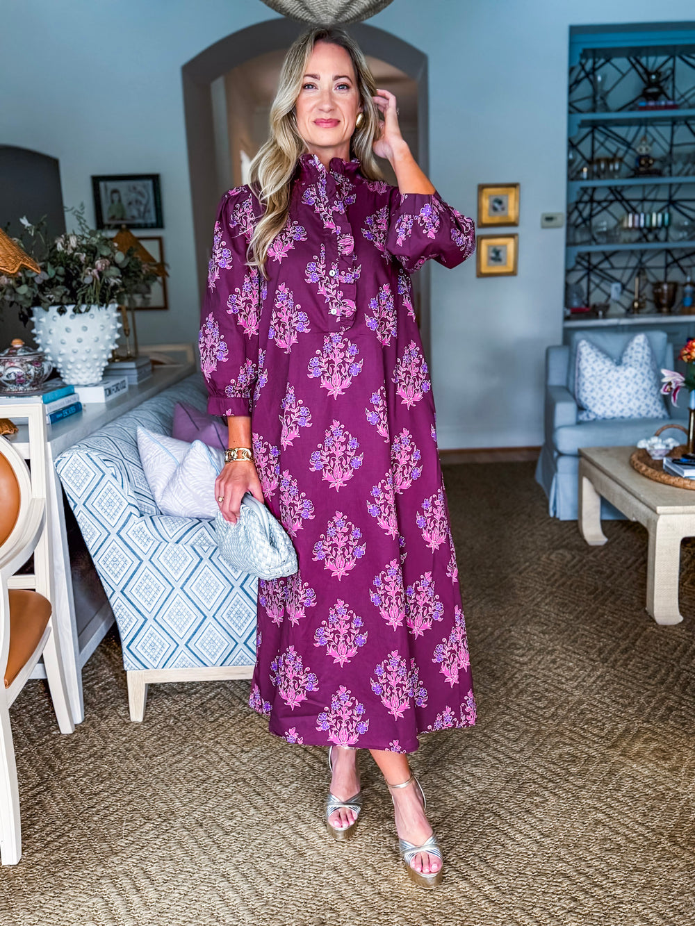 Midnight Sonata Botanical Midi Dress-Burgundy