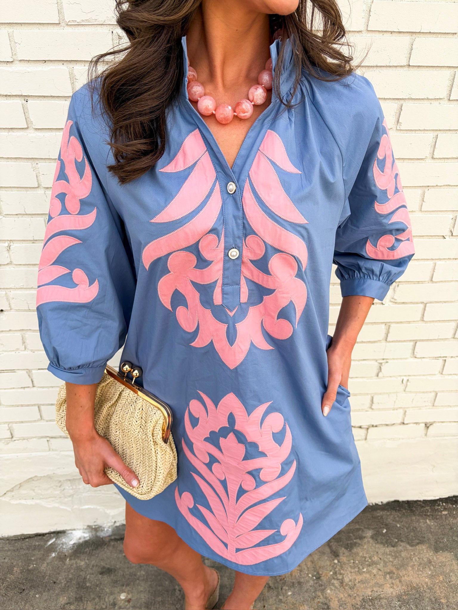 Isla Floral Baroque Dress-Cornflower/Pink