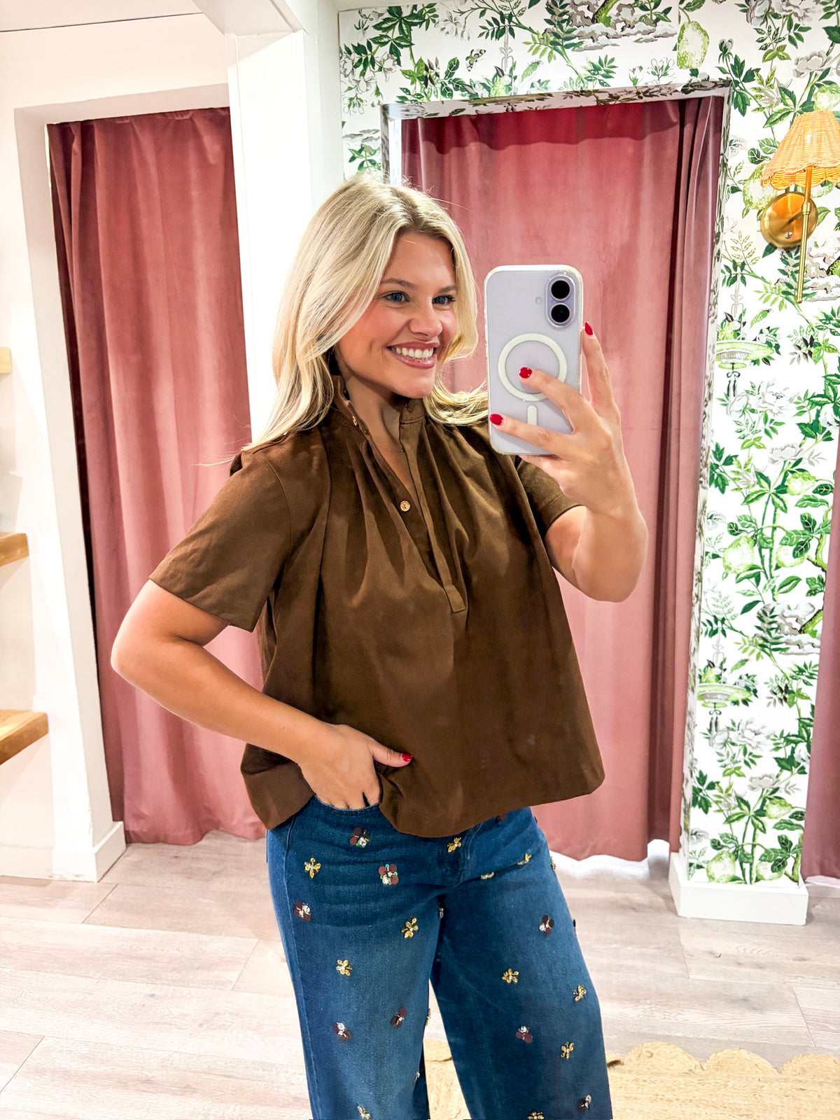 Lucille Stand Collar Top-Brown