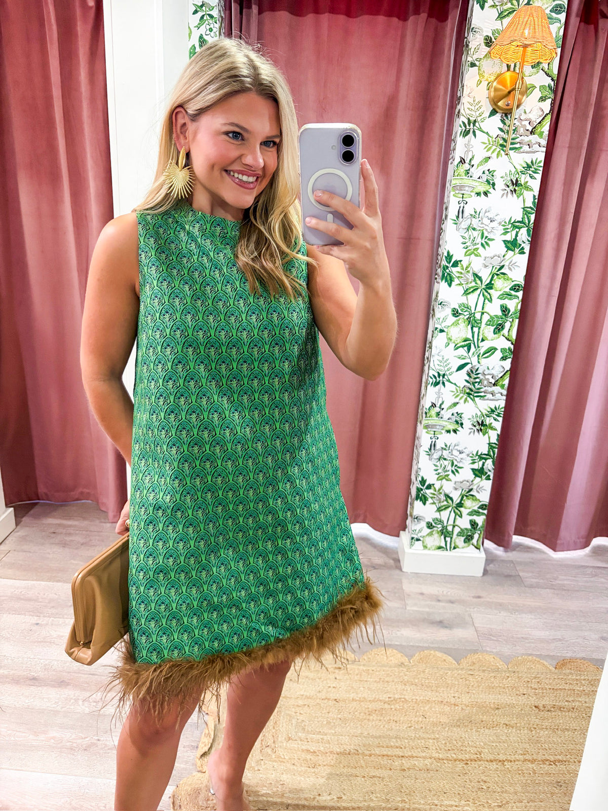 Feather Muse Jacquard Dress-Green