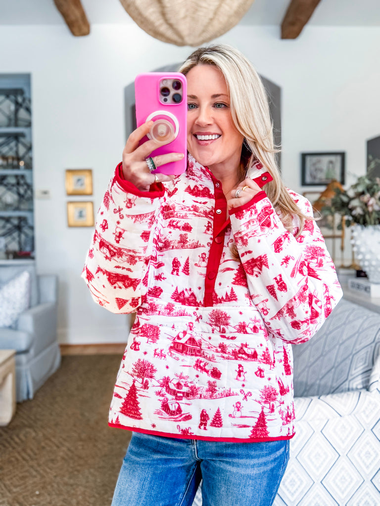 Christmas Toile Printed Quilted Jacket-Red