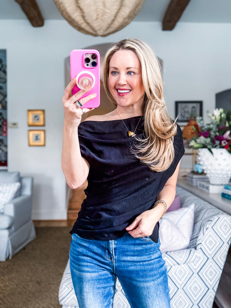 With Ease Draped Neckline Top-Black