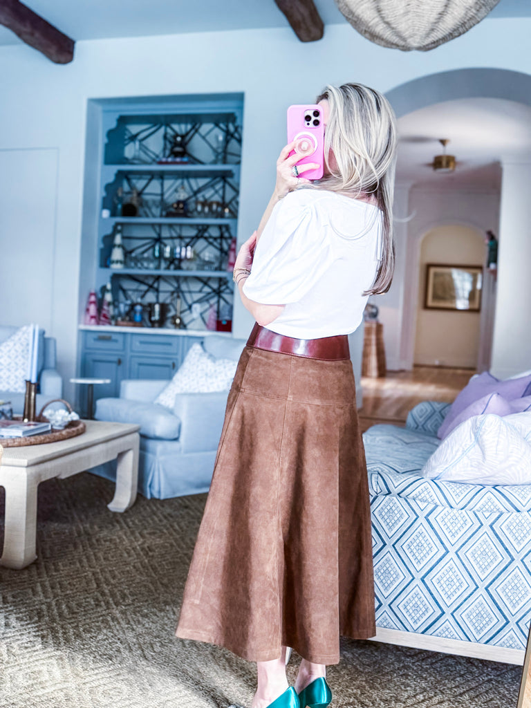 PREORDER: Fashion Walk Faux Suede Midi Skirt