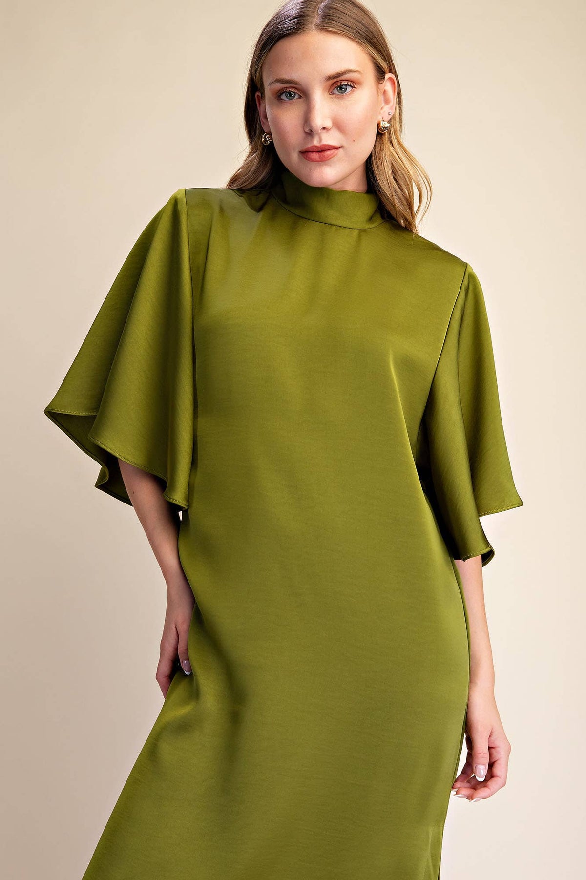 Candlelight Satin Midi Dress-Olive