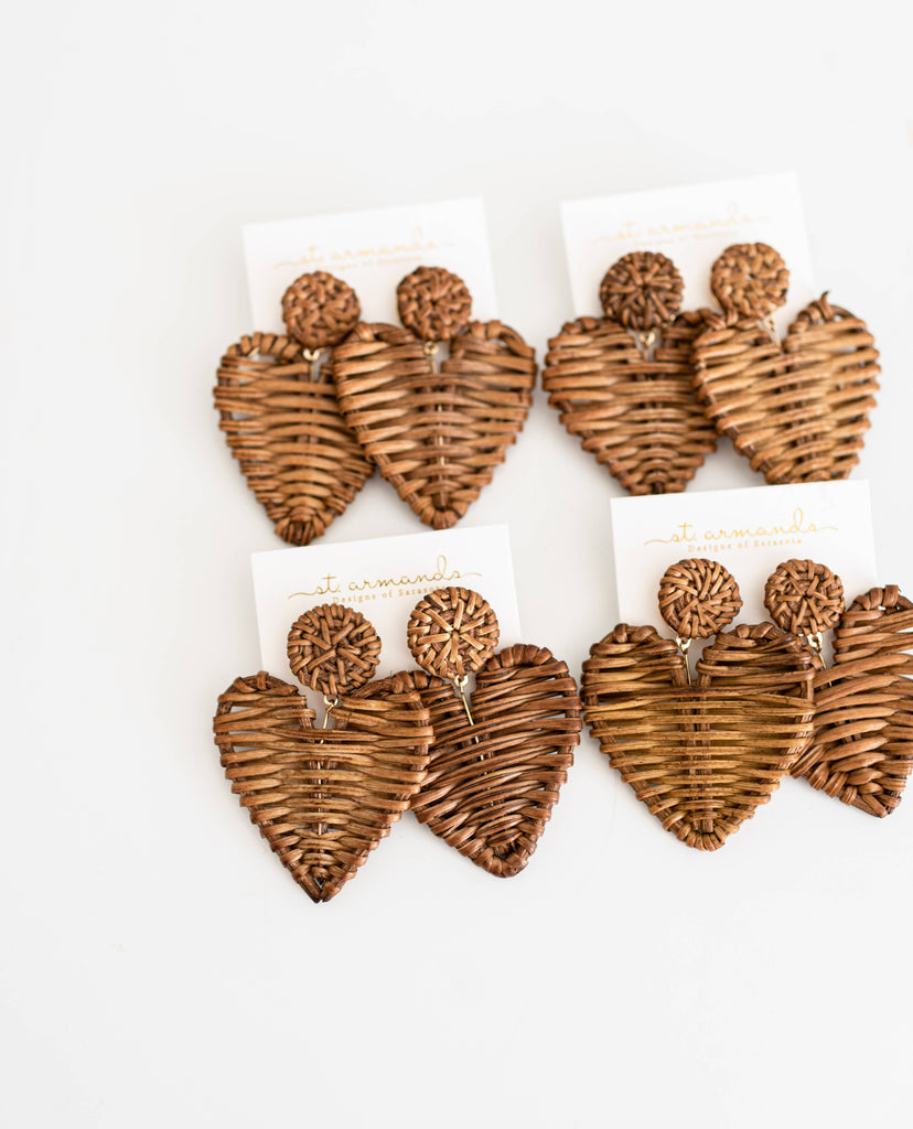 Rattan Heart Earrings- Brown