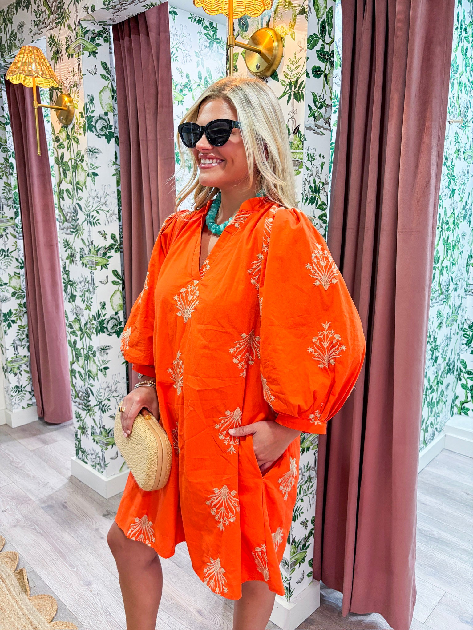 Chalton Street Embroidered Mini Dress-Orange