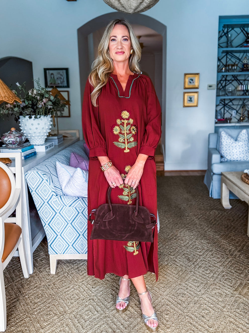 Sunflower Fields Embroidered Maxi Dress-Chestnut