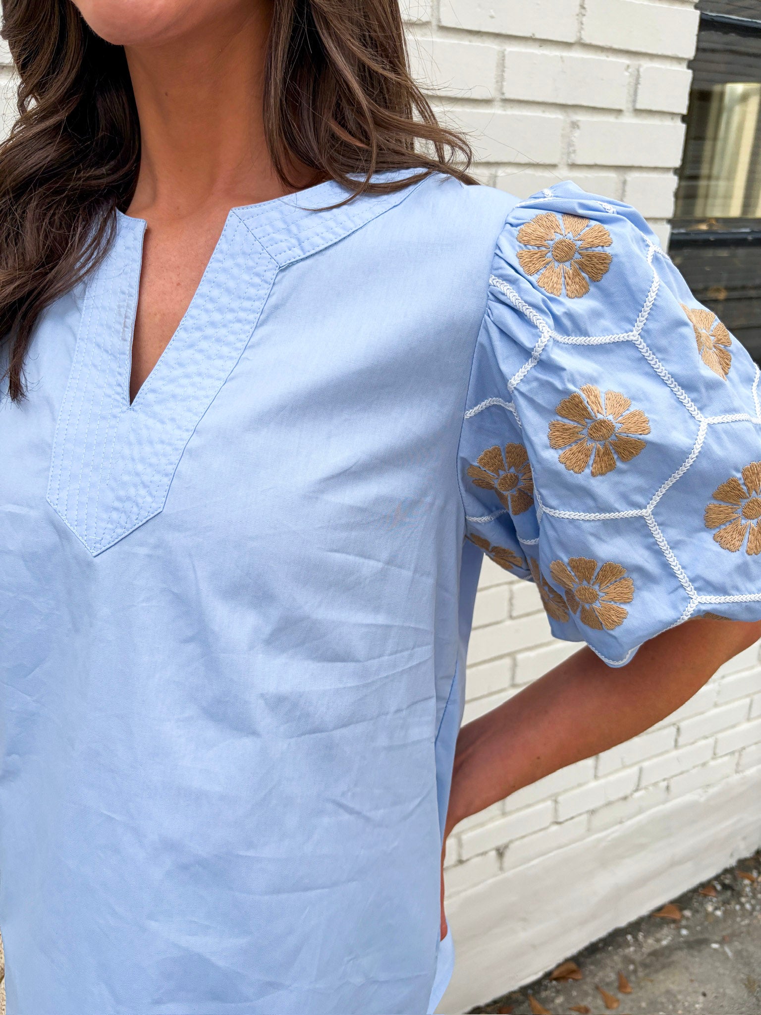 Summer Sunset Embroidered Top-Light Blue
