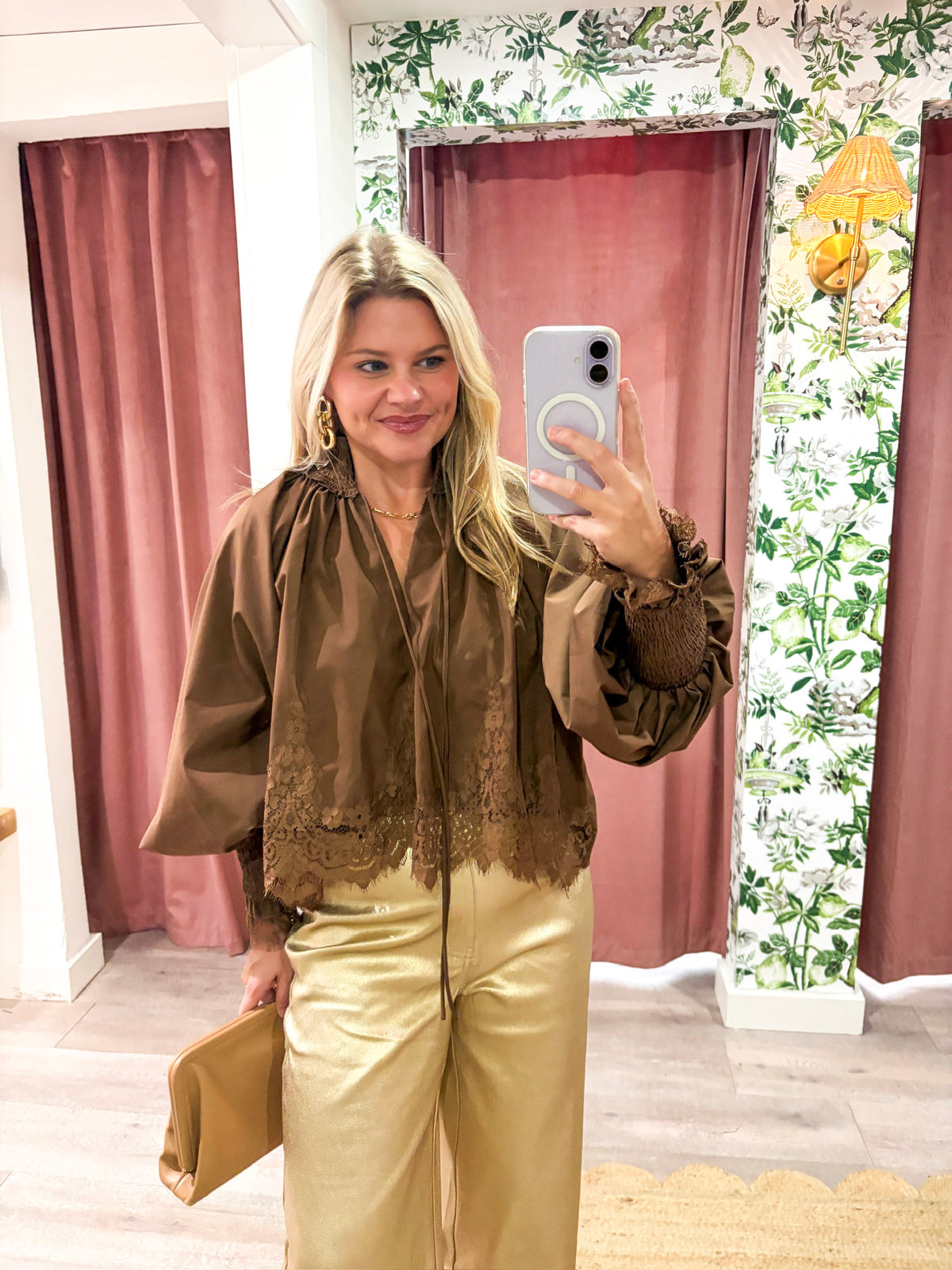 Rosamund Puff Sleeve Top-Brown