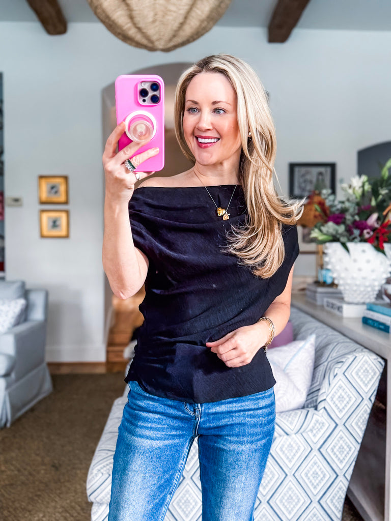 With Ease Draped Neckline Top-Black