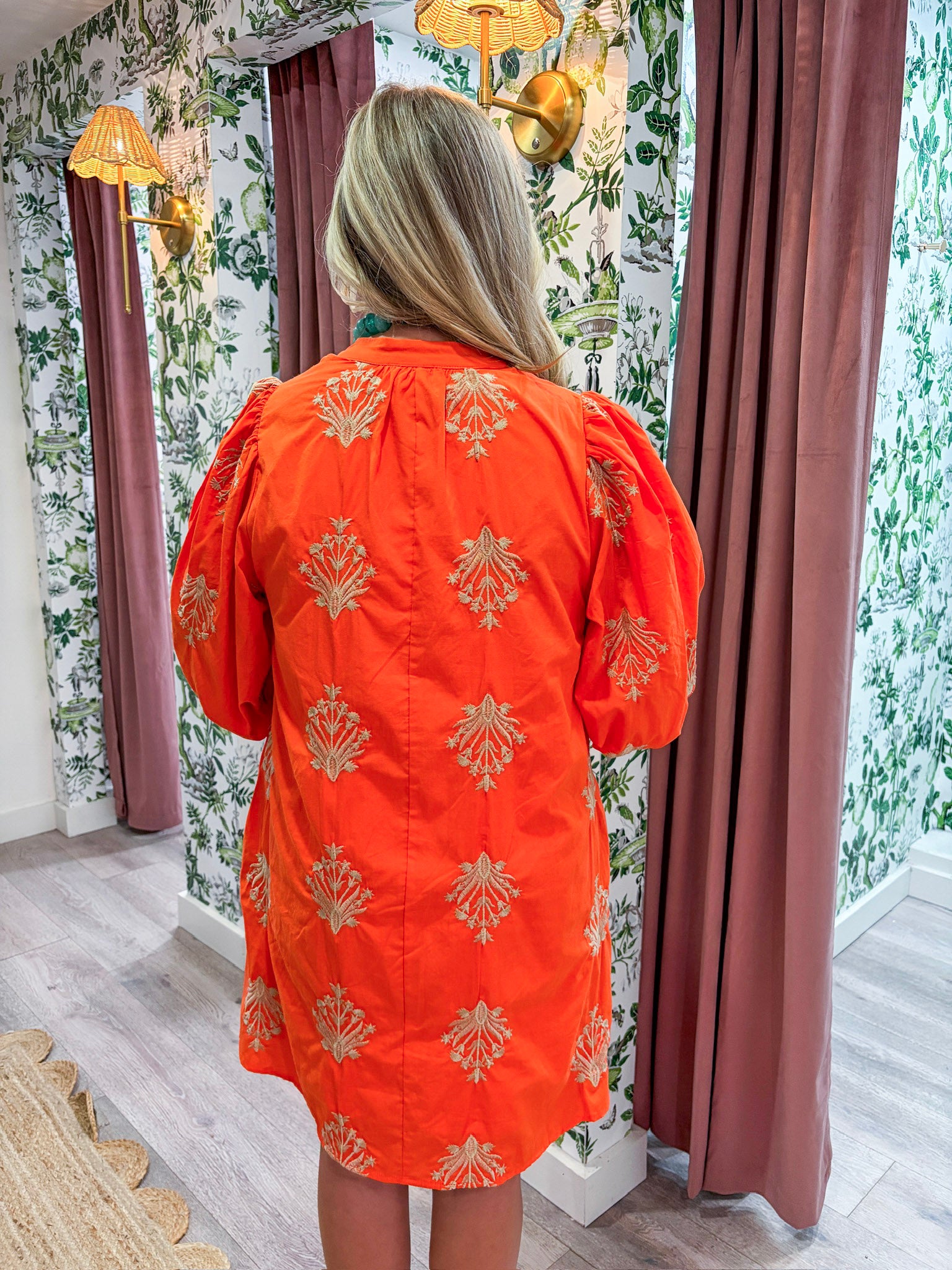 Chalton Street Embroidered Mini Dress-Orange