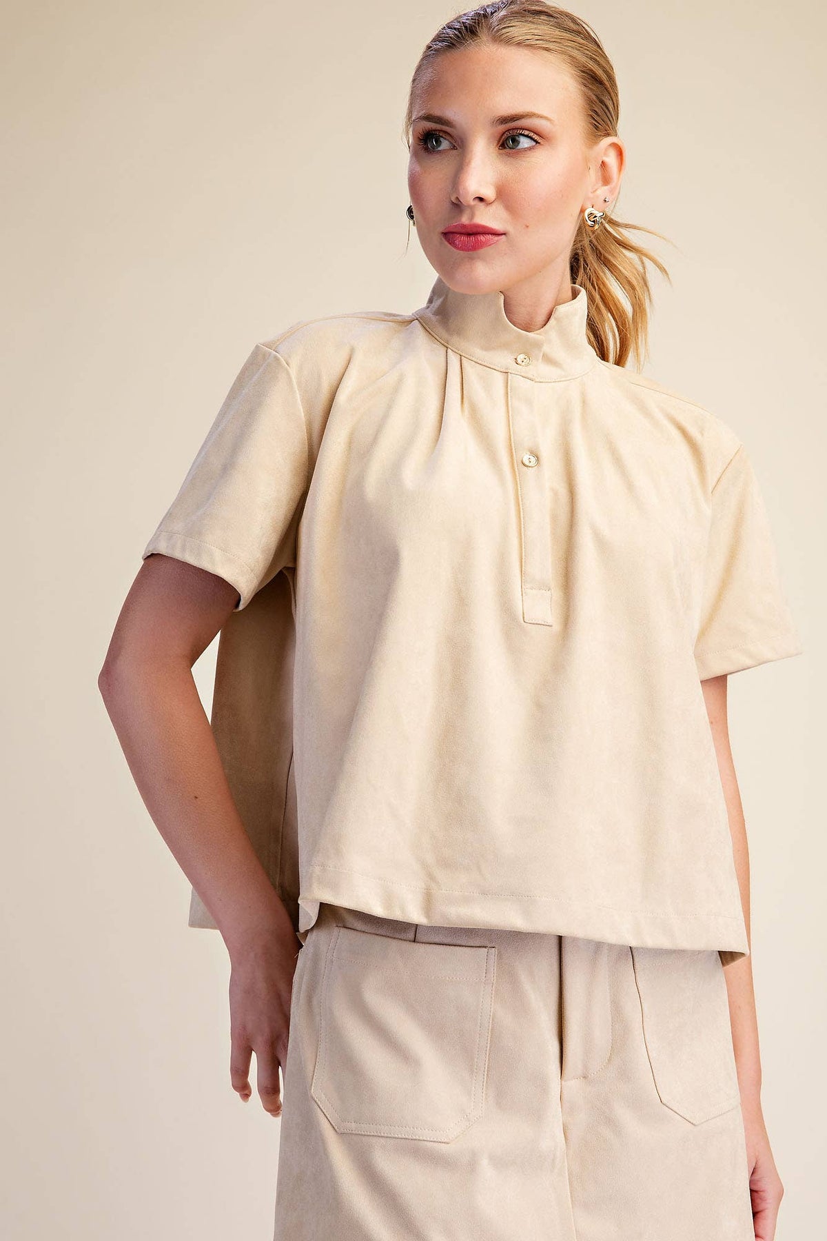 Lucille Stand Collar Top-Beige