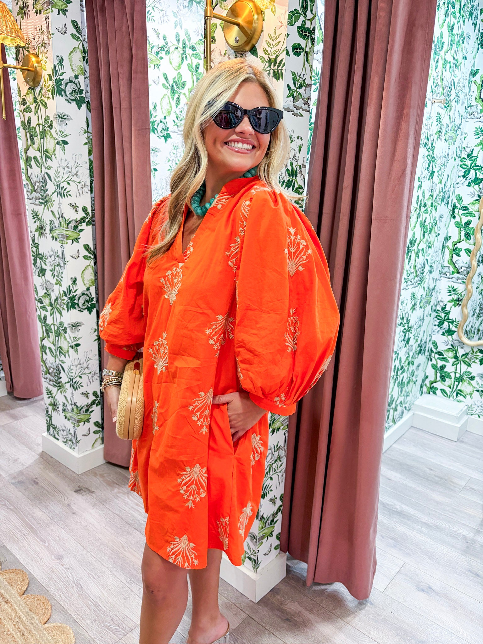 Chalton Street Embroidered Mini Dress-Orange