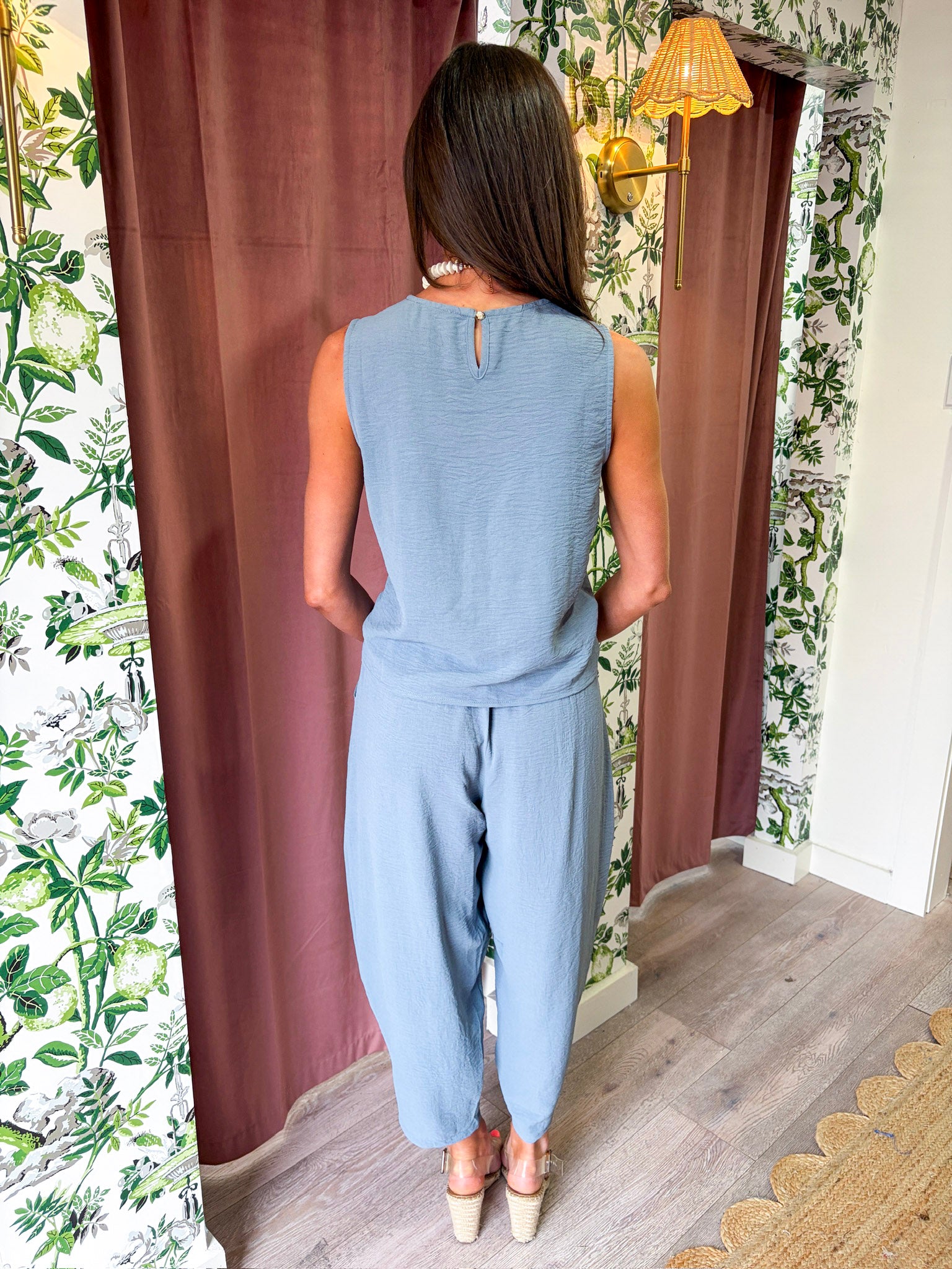 Abroad Adventure Textured Pant Set-Dusty Blue