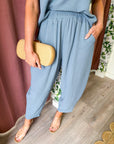 Abroad Adventure Textured Pant Set-Dusty Blue
