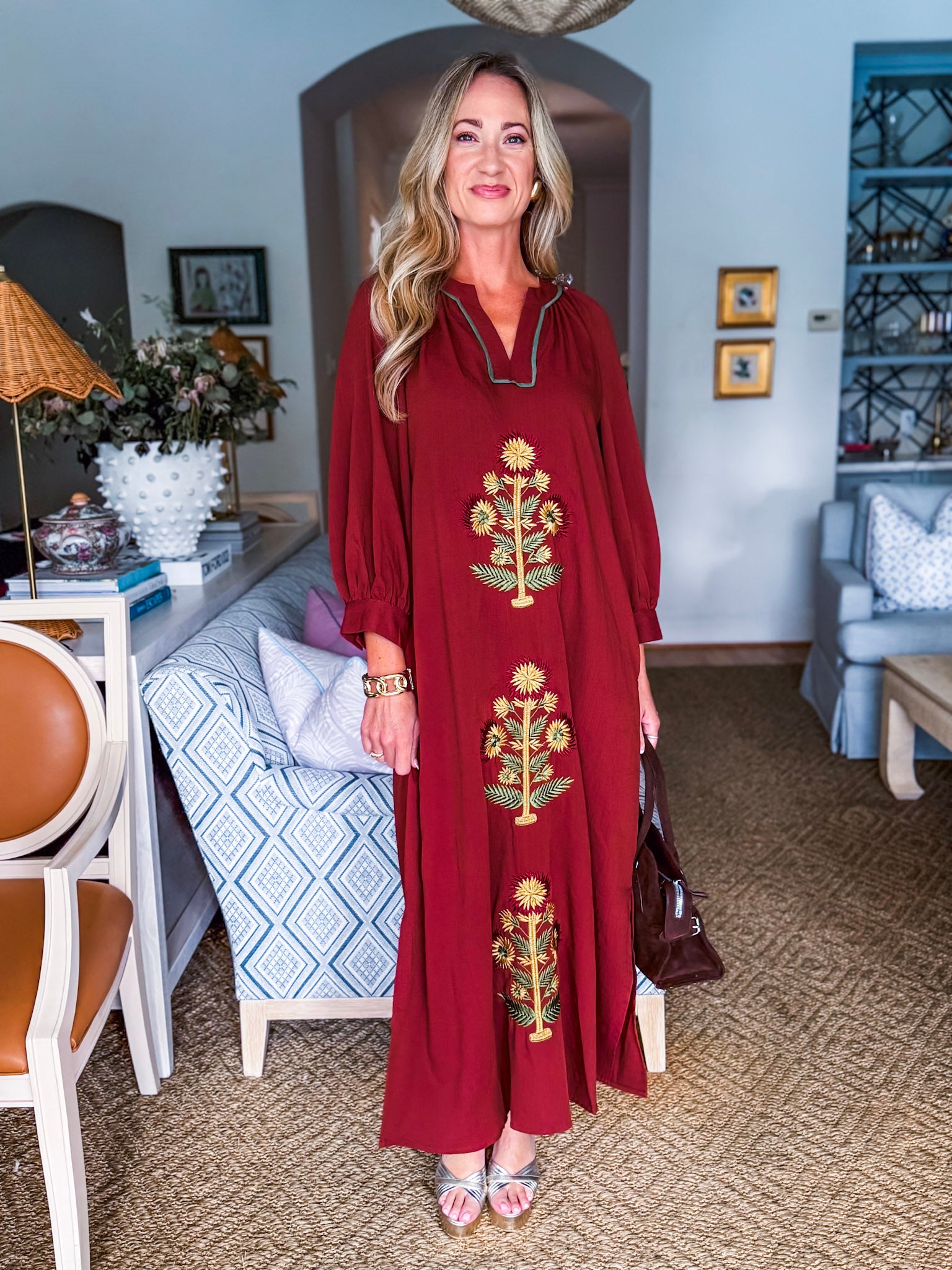 Sunflower Fields Embroidered Maxi Dress-Chestnut