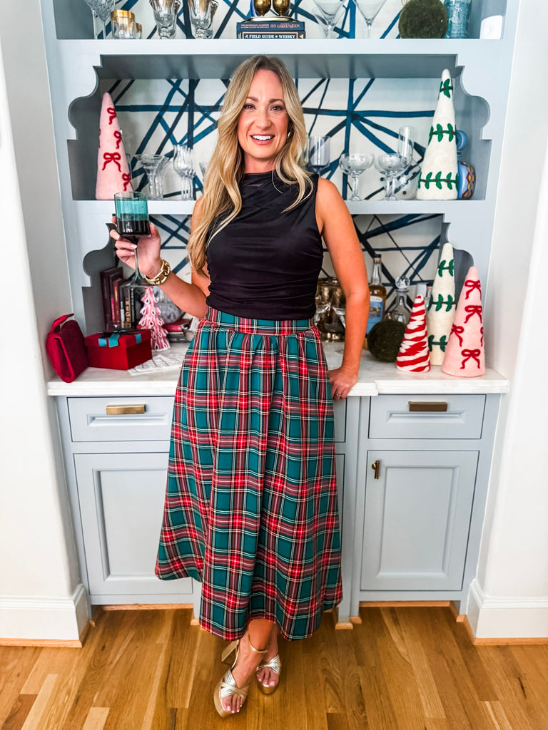 Favorite Time Paid Midi Skirt-Green